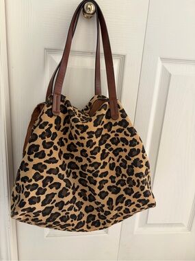 GAP Leopard Print Tote with Brown Leather Straps